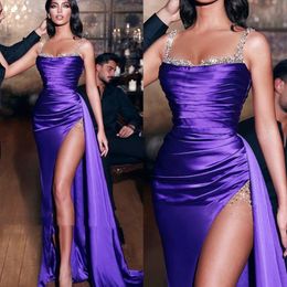 Evening Dresses Purple Prom Party Gown Crystal Formal Custom New Zipper Lace Up Plus Size Thigh-High Slits Sleeveless Mermaid Satin Pleat Scoop Beaded