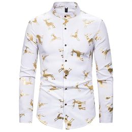 Whole-Men's Mandarin Collar Dress Shirts Hipster Gold Elk Foil Print Christmas Shirt Men Slim Fit Long Sleeve Tuxedo Shir317O