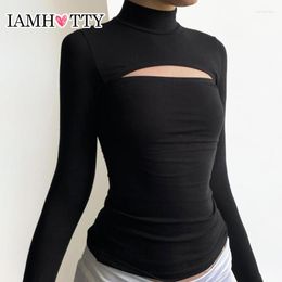 Women's T Shirts IAMTY Sexy Cut Out Turtleneck Knitted Top Women Autumn 2023 Slim-fitting Long Sleeve T-shirts Casual Basic Solid Colour Tops