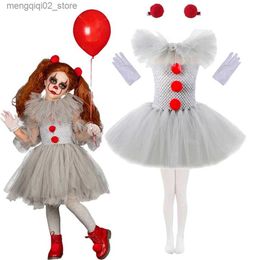 Theme Costume Halloween Pennywise Girl Grey Scary Joker Cosplay Tulle Clothes Outfit Fancy Tutu Dress Carnival Masquerade Party Come Q231010