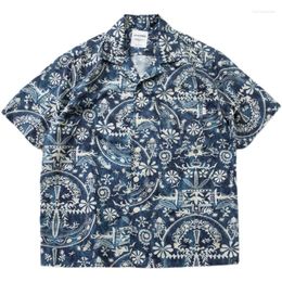 Men's Casual Shirts Japanese Loose Style Turndown Collar Short Sleeve Blue Floral Shirt Youth Light Skin Summer Jacket Men