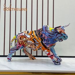 Decorative Objects Figurines NORTHEUINS Graffiti Painting Resin Bull Home Living Room Bedroom Office Desktop Feng Shui Ornaments Collection Statues 231009