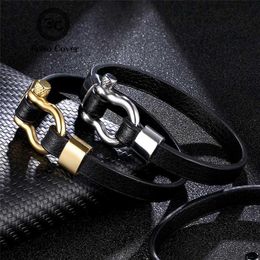 Simple Anchor Leather Bracelets Men Women Black Silver Gold Stainless Steel Shackles Clasp Bangle homme Wristband Couple Jewelry294j