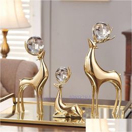 Decorative Objects Figurines Aesthetic Luxury Metal Figurine Gold Copper Model Deer Crystal Ball Living Room Decor Home Decoration Dhuf7