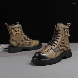 Boots 2023 Summer Breathable Hollow Out Leather High-Top Platform Trendy Men Inner Height Increasing