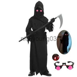 Theme Costume Glowing Red Eyes Halloween Horror Costume Grim Reaper Costume for Boys Children Cosplay Costume with Scythe x1010