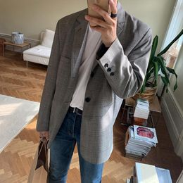 Men's Suits Blazers Autumn Plaid Suit Loose Retro Jacket Casual Tops Split Collar Long Sleeves Two Buttons Single-breasted Pockets