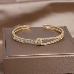 Bangle 14K real gold plating exquisite AAA luxury full zircon knot bracelet elegant women's wedding party opening adjustable 231009