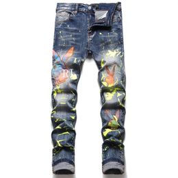 Mens jeans Top quality Distressed printing Motorcycle Patch biker jeans tight Ripped hole stripe Famous Denim pants278Q