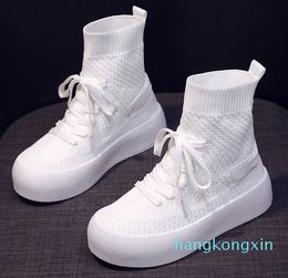 Platform Breathable Knitted Elastic Wedges Socks Flat Bottom Thick Heel Ankle Woman