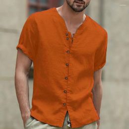 Men's Casual Shirts Vintage Cotton Linen V Neck Shirt Men Solid Colour Short Sleeve Slim Summer Leisure Button-up Mens Streetwear