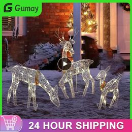 Christmas Decorations 3pcs Iron Art Elk Deer Christmas Garden Decoration With LED Light Glowing Glitter Reindeer Xmas Home Outdoor Yard Ornament Decor 231010