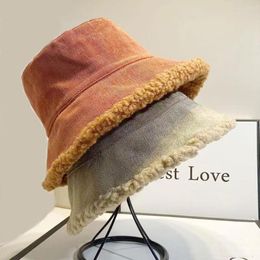 Berets Autumn Winter Women Bucket Hats Corduroy Fisherman Hat Warm Double Sided Lamb Velvet