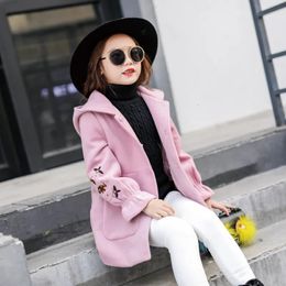 Coat 2023 Autumn Winter Girls Woolen Pink Red Flores Design Petal Sleeves Long Jacket for Kids windbreaker baby girl clothes 231009