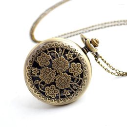 Pocket Watches 100pcs/lot Vintage Bronze Hollowed Flower Flip Quartz Necklace Women Men Gift Wholesale