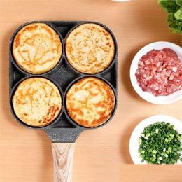 Pans 4 Hole Omelette Pan For Burger Eggs Ham Pancake Maker Wooden Handle Frying Pot Non-Stick Cooking Breakfast 201223 Home Garden Kitch Dhqbe