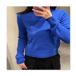 fashion designer womens sweater autumn round neck splice short knitted sweater women versatile casual fit blue sweaters outdoors warm women sweaters