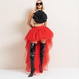 Skirts Red High Low Tulle Skirt For Women Draped Puffy Mesh Prom Party Hi Tiered Maxi Girls Tutu Wear