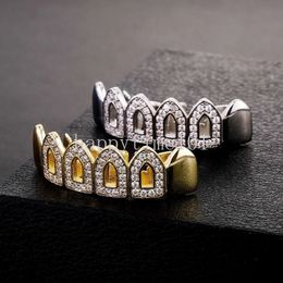Hip Hop Hollow Iced Out Up 6 Tooth Grills Diamond Dental Mouth Teeth Grillz Braces Set 14k Real Gold Plated Cubic Zirconia Halloween Body Decoration Jewelry