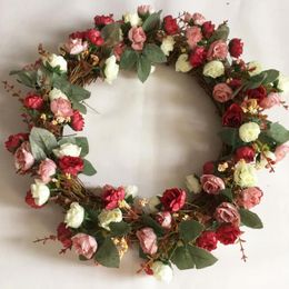 Decorative Flowers Artificial Silk Rose Wreath With Twig Base Door Garland Trim Garishness Wedding Party Decor