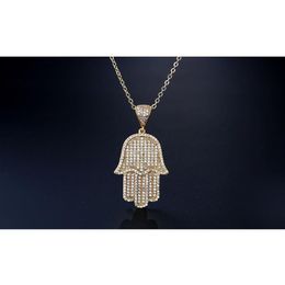 Full Rhinestone Zircon Hip Hop Bling Pendant Necklace Cross Link Chain 24 Inch Out Women Men Couple Ice Hamsa With Cz Jewelry2979