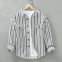 Men's T Shirts Mens Spring And Autumn Vintage Striped Cargo Style Shirt Young Men Loose Long Sleeved
