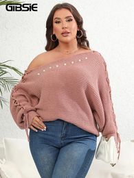 Women's Knits Tees GIBSIE Plus Size Women Sweater Autumn Winter Diagonal Collar Beading Lace Up Batwing Sleeve Pink Black Knitted Pullovers 231009