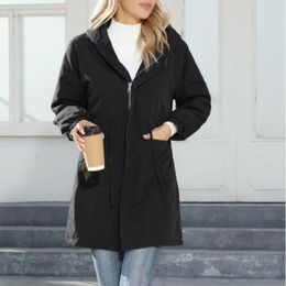 Women's Trench Coats Women Hooded Long Sleeve Solid Color Jackets Zipper Pockets High Street Streetwear Cardigan Office Lady Slim Fit