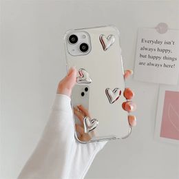 Cell Phone Cases Fashion Korean Style Cute Heart Soft Silicone Clear Case For IPhone 13 Pro Max 14 11 12 15 XR Silvery Mirror Protect Cover 231010