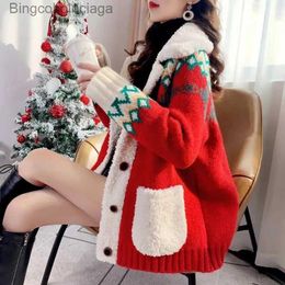 Women's Sweaters 2023 New Thick Christmas Women Sweater Winter Warm Festival Fe Cardigan Single-breasted Big Pocket Print Knit SweaterL231010