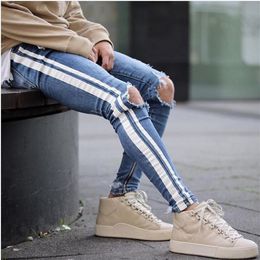 Mens Blue Ripped Holes Jeans Side Striped Skinny Straight Slim Elastic Denim Fit Jeans Male Fashion Long Trousers Jeans220M