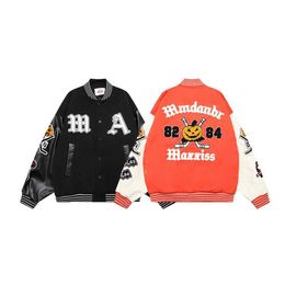 High Street Fashion Brand Double Arm Flocking Letter Pu Leather Splice Baseball Jersey Unisex Motorcycle Jacket Coat2yiz