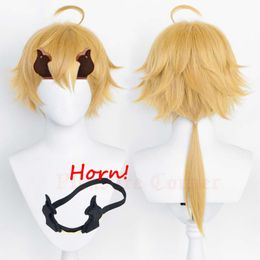 Genshin Impact Thoma Cosplay Wig Increased Wig Volume Three-dimensional Fluffy Design with Horn Yellow Wigs for Genshin Cosercosplay