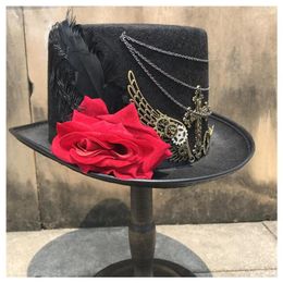 Berets 2023 Retro Women Handmade Steampunk Top Hat With Flower Bowler Dance Party Size 57CM