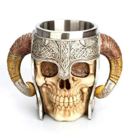 Mugs Stainless Steel Skull Mug Viking Drinking Cup Skeleton Resin Beer Stein Tankard Coffee Tea Halloween Gift Bar Drinkware 231010