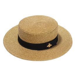 Fashion Woven Wide brimmed Gold Metal Bee Fashion Wide Straw Cap Parent child Flat top Visor Women Straw Hat Stingy Brim Hats high2406