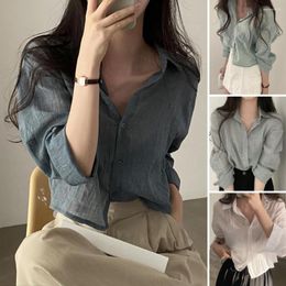 Women's Blouses Trendy Shirt Top Shrink Resistant Women Turn-Down Collar Solid Colour Sun Protection Workwear
