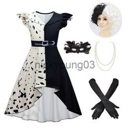 Theme Costume Evil Madame Cruella De Vil Cosplay Costume girls Gown Black White Maid Dress Halloween Party dress with mask wig necklace Gloves x1010