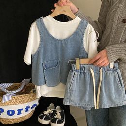 Clothing Sets Casual Children's Wear 2023 Summer Versatile White Short Sleeve T-shirt Fashion Retro Pocket Denim Vest Shorts