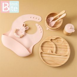 Cups Dishes Utensils Bamboo Baby Feeding Set Toddler Babies Dishes Stuff Tableware Plate Food Accessory with Silicone Spoon Bib Cup Bowl Teething Toy 231006