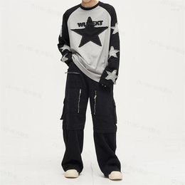 Men's T Shirts Harajuku Star Embroidery Y2K Pullover Women's Contrast Patch Dress Long Sleeve Preppy Sports Top