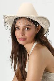 Berets Adult Women Cowgirl Felt Wide Brim Costume Diamond Bride Western Cowboy Hat With Rhinestone Fringe Tassels