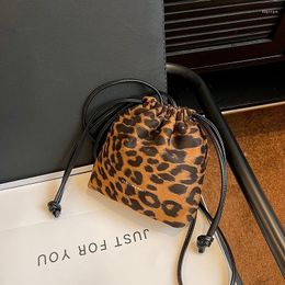 Evening Bags Plush Retro Leopard Print Bag For Women 2023 Autumn And Winter Casual One Shoulder Drawstring Crossbody Mini Handbag