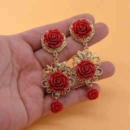 Baroque Court Style Women Long Drop Earrings Vintage Red White Flower Dangle Earrings Exaggerated Jewerly For Show Party237U