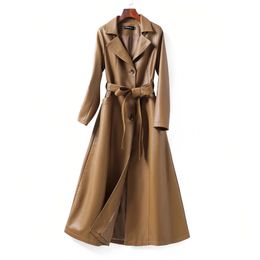 Womens Leather Faux High Quality Sheepskin Coat Winter Fashion Jacket Loose Long Overcoat VNeck Belt Female Clothing 231010