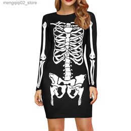 Theme Costume 2023 New Skeleton Skull Dress Cosplay Halloween Comes for Women Long Sleeve Pencil Dresses Party Stage Performance Come Q231010