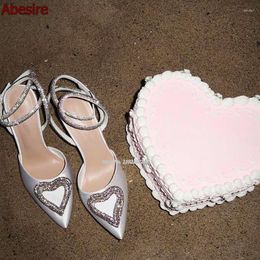 Dress Shoes Summer White Love Rhinestone Wedding Pointed Toe Stiletto Cross Buckle Strap High Heels Fashion Sexy Satin Women'S