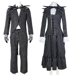 Halloween Nightmare Jack Skeleton Pumpkin King Cosplay Costume Adult Men Women Black White Stripes Suit Uniform Horror Carnival