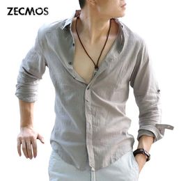 Whole- Zecmos Cotton Linen Shirts Man Summer White Shirt Social Gentleman Shirts Men Ultra Thin Casual Shirt British Fashion C259Q