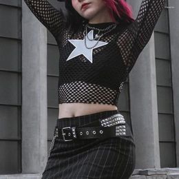 Women's T Shirts Goth Fishnet Pentagram Mall Gothic Smock Tops Grunge Aesthetic Y2k Sexy Sheer T-shirts Long Sleeve Punk Streetwear Crop Top